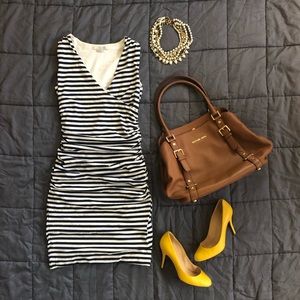 Boden Crossover Ruched Dress 4P Navy Stripe